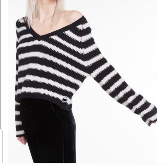WILDFOX distressed black/white striped sweater M - Picture 5 of 5